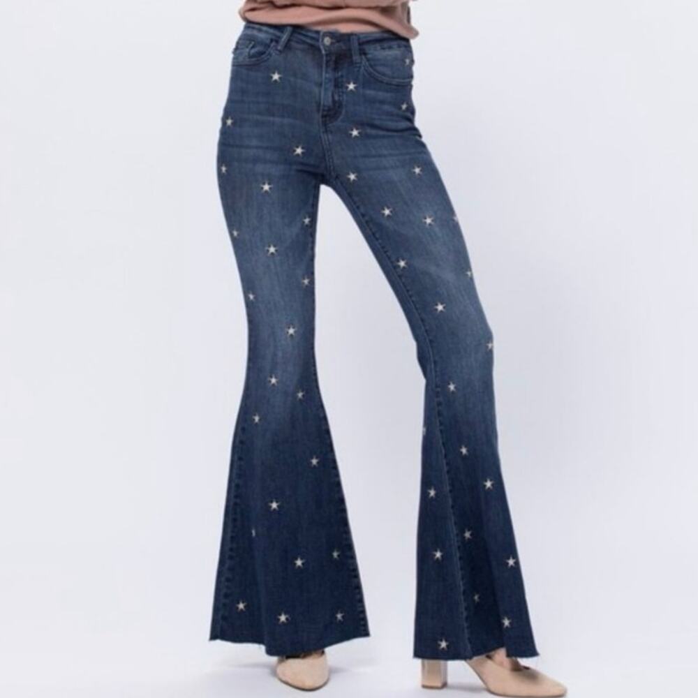 Judy Blue Star Embroidered Flare Bell Bottoms Denim Blue Jeans, Size 28